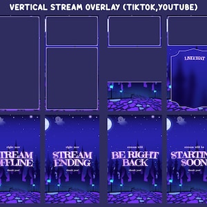 Puede incluir: Un conjunto de superposiciones de transmisión vertical para TikTok y YouTube con un tema nocturno azul oscuro, silueta de castillo, camino de adoquines y gráficos de fantasmas. Incluye marcos para video, chat y estados de transmisión.