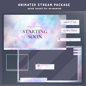 May include: Animated stream package with a dreamy, colorful background. The text "Starting Soon" is displayed prominently. Includes buttons labeled "About Me" and "Subscribe", and a donation section. Quick install for Streamlab.
