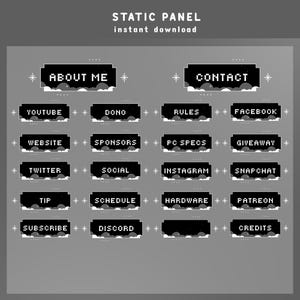 Op de afbeelding: Een digitaal ontwerp met de tekst "STATIC PANEL instant download". Het paneel heeft gepixelde zwarte knoppen met witte tekst, waaronder "ABOUT ME", "CONTACT", "YOUTUBE" en "SUBSCRIBE". Het ontwerp heeft een grijze achtergrond.