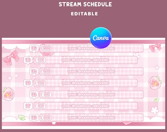 Pink Gingham Stream Schedule Overlay, Editable Canva, Fruit Accent Clusters, Pink Berry Illustrations, Romantic Heart, Botanical Aesthetic