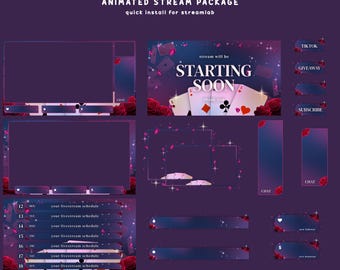 Crimson Royale Animated Stream Overlay Bundle, Playing Card Twitch Overlay, Elegant Red Roses, Falling Rose Petals Animation, Poker Overlay