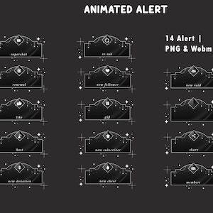 以下が含まれることがあります： 14個の黒い長方形のアニメーションアラートオーバーレイのセット。白い線画の境界線、星のアクセント、アイコンが特徴です。テキストラベルには、superchat、re sub、renewal、new follower、new raid、like、gift、host、new subscriber、share、new donation、new cheer、membersが含まれています。