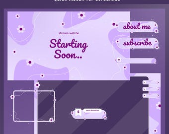 Soft Blossom Animated Stream Overlay Bundle, Soft Purple Overlay, Floral Stream Design, Cute Twitch, Girly Vtuber, Lovely Stream Package
