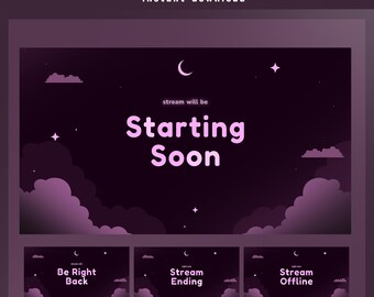 Silent Crescent Animated Stream Screen Overlay, Night Sky Overlay, Purple Stream Screen, Moon, Clouds And Stars , Animated Stream Screen