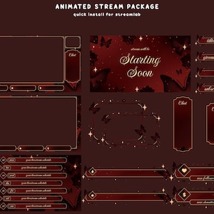 May include: An animated stream package with a dark red and gold color scheme. The package includes various overlays, chat boxes, and alerts, with a butterfly and star theme. Text includes "Starting Soon", "tiktok", "giveaway", "subscribe", and "new follower".