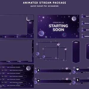 Animerad Stream-överlägg med Space Serenity för Twitch, Deep Purple-överlägg, Planet Night-design, Mjukt glödande stjärnor, Kosmisk glödöverlägg