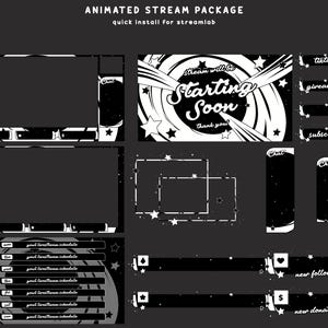 May include: An animated stream package for Streamlabs featuring black and white graphics with star motifs. Includes a Starting Soon screen, webcam frames, chat boxes, schedule templates, and alert bars labeled with TikTok, giveaway, subscribe, new follower, and new donation.