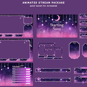 Sternennacht-Stream-Overlay-Bundle, violette Ästhetik, hängende Sterne, leuchtender Schmetterling, OBS-Streamlab-Setup-kompatibel, Twitch-Grafiken