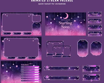 Stellar Night Animated Stream Overlay Bundle, Purple Aesthetic, Hanging Stars, Glowing Butterfly, OBS Streamlab Setup Ready, Twitch Graphics