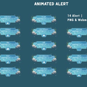 以下が含まれることがあります： ストリーミング用の14個のアニメーションアラートオーバーレイセット。青い池のデザイン、岩、草が特徴です。テキストには、superchat、re sub、renewal、new follower、new raid、like、gift、host、new subscriber、share、new donation、new cheer、membersが含まれています。