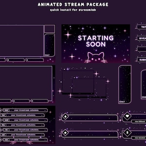May include: An animated stream package with a dark purple galaxy theme featuring pink stars and a cat graphic. Includes overlays, a starting soon screen, chat boxes, and schedule templates with text like STARTING SOON, TIKTOK, and SUBSCRIBE.