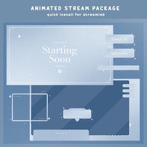 May include: A blue animated stream package for Twitch or YouTube with a starry background. The text "stream will be Starting Soon" is displayed on the main screen. There are buttons for "About Me" and "Subscribe".