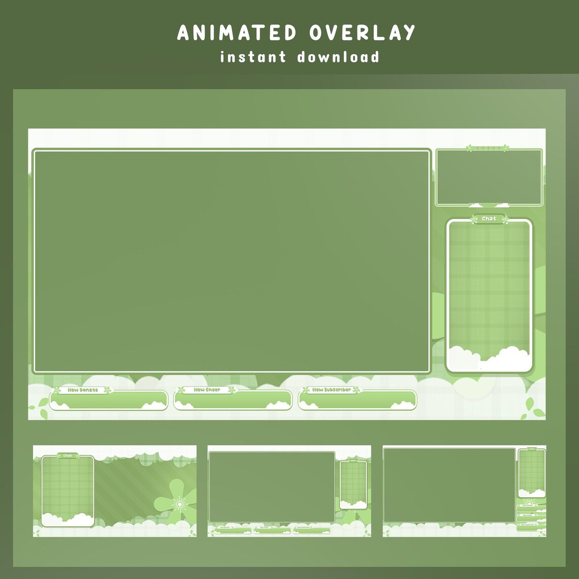 Cheerful Garden Animated Stream Overlay Bundle, Pastel Green Twitch ...