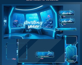 Sea Base Animated Cute Lofi Stream Overlay for Twitch, Futuristic Overlay, Ocean Room Overlay, Blue Aesthetic Overlay, Futuristic Overlay