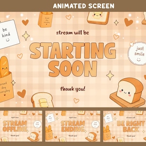 Può includere: Una grafica animata per schermo con sfondo a quadretti arancione chiaro e illustrazioni di pane. Il testo recita "stream will be STARTING SOON thank you!" insieme a piccoli disegni di toast sorridenti, baguette e cuori.