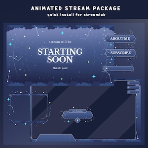 Może przedstawiać: Animowany pakiet streamowania dla Streamlab, z motywem ciemnoniebieskiej gwiezdnej nocy. Projekt zawiera tekst "Starting Soon" oraz przyciski "About Me" i "Subscribe". Pakiet jest przeznaczony do szybkiej instalacji.