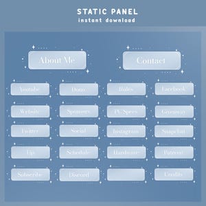 Könnte beinhalten: Ein blaues und weißes Twitch-Panel mit 16 Schaltflächen, jede mit einer anderen Beschriftung, wie "Über mich", "Kontakt", "Youtube", "Dono", "Regeln", "Facebook", "Website", "Sponsoren", "PC-Spezifikationen", "Gewinnspiel", "Twitter", "Social", "Instagram", "Snapchat", "Tipp", "Zeitplan", "Hardware", "Patreon", "Abonnieren", "Discord" und "Credits".