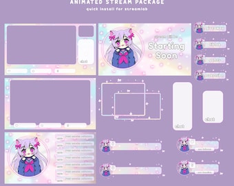 Candy Neko Animated Stream Overlay Bundle, Purple And Pink Theme, Anime Cat Girl Overlay, Ribbon Aesthetic, Cute Twitch Design, Chibi Style