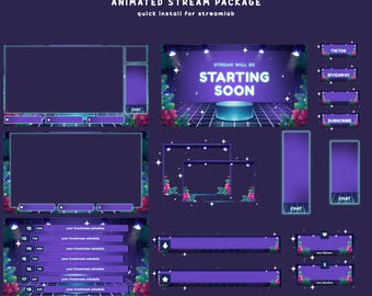 Luminous Stage Animated Stream Overlay Bundle, Purple Neon Twitch Overlay, Spotlight Lighting Effect,Jungle Foliage Elements,Retro Vaporwave