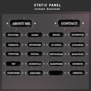 以下が含まれることがあります： 暗い灰色の背景と白いテキストのデジタルグラフィック。「STATIC PANEL instant download」の文字が上部にあります。「ABOUT ME」、「CONTACT」、「YOUTUBE」、「DONO」、「RULES」など、白いテキストの長方形のボタンがあります。