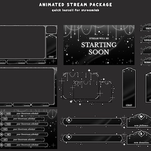 May include: An animated stream package featuring black and white overlays with star and string light motifs. Includes a starting soon screen, chat boxes, schedule templates, and social media buttons with text like TIKTOK, GIVEAWAY, and SUBSCRIBE.