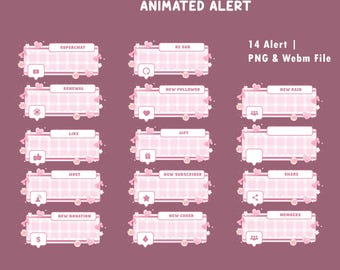Pink Gingham Animated Stream Alert Overlay for Twitch, White Lettering, Candy Pink Decorative Accents, Picnic Styling, Mini Blossom Accents