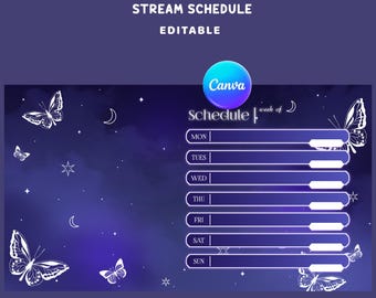 Butterfly Night Stream Schedule Twitch Overlay, Galaxy Design, Fantasy Gaming Setups, Celestial Theme, Purple Butterfly, Editable Canva