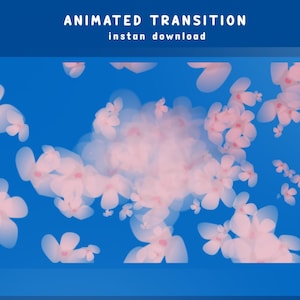 Peut inclure: Effet de transition animé avec des formes de fleurs roses sur un fond bleu. Le texte "ANIMATED TRANSITION" et "instan download" est affiché en haut de l'image.