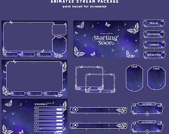 Butterfly Night Animated Stream Overlay Bundle, Purple Celestial Galaxy Theme, OBS Streamlab Setup Ready, Twitch Graphics, VTubers, Creators