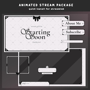 Luna Ribbon Animated Stream Overlay Bundle, Svartvitt Overlay, Klassiskt Twitch Overlay, Feminint Vtuber Overlay, Vintage Animerat Overlay