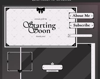 Luna Ribbon Animated Stream Overlay Bundle, Black White Overlay, Classic Twitch Overlay, Feminine Vtuber Overlay, Vintage Animated Overlay