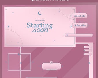 Blush Moon Animated Stream Overlay Bundle, Pink Stream Overlay, Moon And Stars Overlay Twitch Overlay, Pastel, Cute, Kawaii, Vtuber Overlay