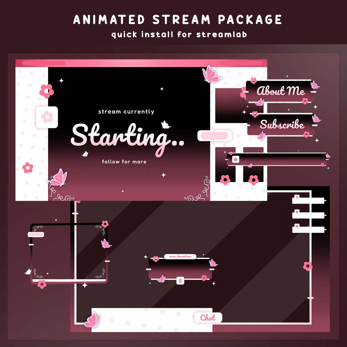 Butter Belle Animated Stream Overlay Bundle, Black Pink Stream Overlay ...