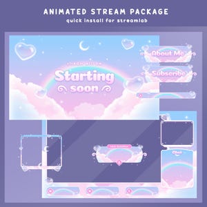 May include: An animated stream package with a pastel rainbow and cloud theme. The design includes overlay elements such as "About Me", "Subscribe", and "Chat" buttons, along with a "Starting soon" screen. The text "quick install for streamlab" is also included.