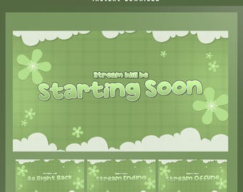Cheerful Garden Animated Stream Screen Overlay, Green Aesthetic Flower Theme Overlay, Cute Cartoon Stream Screen, Cozy Cloud Pastel Scene