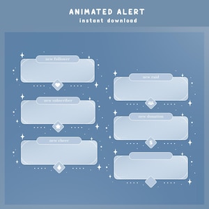 May include: Six animated alert templates for Twitch or YouTube. The templates are white with a blue background and feature icons for new follower, new subscriber, new cheer, new raid, and new donation.