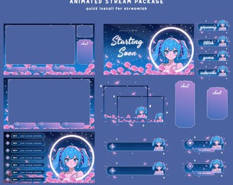 Aqua Blossom Animated Stream Overlay Bundle, Blue And Pink Theme, Anime Girl Vtuber, Pink Rose Aesthetic, Light Circle Twitch, Cute Vtuber
