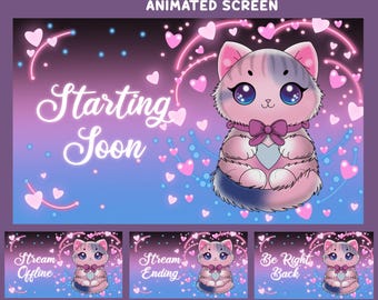 Pinkie Love Kitty Animated Stream Screen Overlay, Pink Purple Overlay, Bow Cat Screen, Heart Theme Overlay, Soft Glow Aesthetic, GirlyVtuber