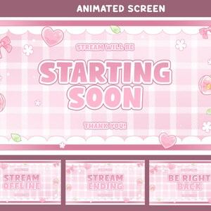 May include: A digital animated screen graphic featuring a light pink gingham background with white scalloped borders. The text reads "STREAM WILL BE STARTING SOON" and "THANK YOU!" decorated with pink hearts, bows, flowers, and small peach icons.