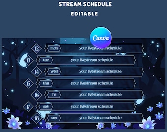 Twilight Bloom Stream Schedule Overlay, Editable Canva, Light Bloom Effect, Midnight Botanical Environment, Dark Fantasy, Flying Butterfly