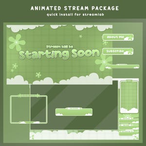 Fröhlich Garten animierte Stream Overlay Bundle, Pastell Grün Twitch Pack, Süß Blumen Overlay, Kawaii Vtuber Overlay, Cartoon Style Overlay