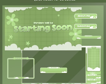 Cheerful Garden Animated Stream Overlay Bundle, Pastel Green Twitch Pack, Cute Floral Overlay, Kawaii Vtuber Overlay, Cartoon Style Overlay