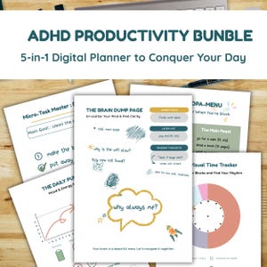 Könnte beinhalten: Ein digitales Planer-Bundle für ADHS mit dem Text "ADHD PRODUCTIVITY BUNBLE" und "5-in-1 Digitaler Planer, um Ihren Tag zu meistern". Der Planer enthält Seiten für Aufgabenverwaltung, Brainstorming und Zeitverfolgung.