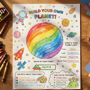 May include: A Build Your Own Planet activity sheet featuring a large rainbow-colored planet in the center, surrounded by illustrations of an astronaut, rocket, and stars. The sheet includes fill-in sections for planet details and fun facts.