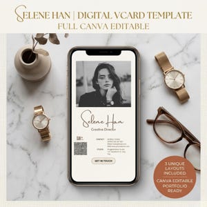 Plantilla de tarjeta de presentación digital: Perfil editable con código QR moderno y profesional en Canva (descarga digital)