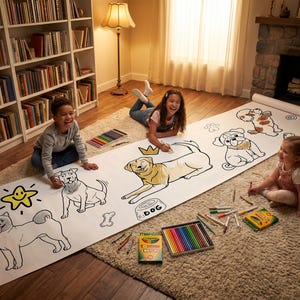Op de afbeelding: Kinder kleuren op een grote rol papier met hondenillustraties. Het papier is uitgerold op een beige tapijt. Kleurpotloden en kleurpotloden liggen verspreid. Een boekenkast en een open haard zijn op de achtergrond te zien.
