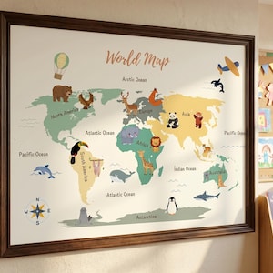 Kids World Map Poster | Animals, Continents, Oceans Educational Print (Digital Download)