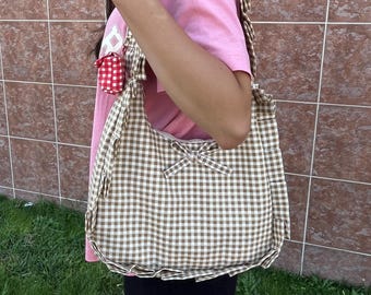 Bolso hobo de cuadros vichy hecho a mano: bolso de hombro de lino estilo cottagecore