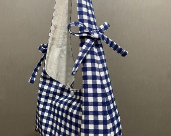 Bolso mini hobo personalizado Gigi hecho a mano con cuadros vichy azules, regalo para ella, bolso de hombro de tela de lino único, estilo cottagecore, bolso con lazo.