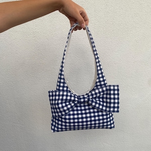 Handgemachte Blaue Vichy-Karo Schleife Hobo Tasche Einzigartige Jeans Leinen Stoff Schultertasche Cottagecore Style Schleife Schleife Tasche